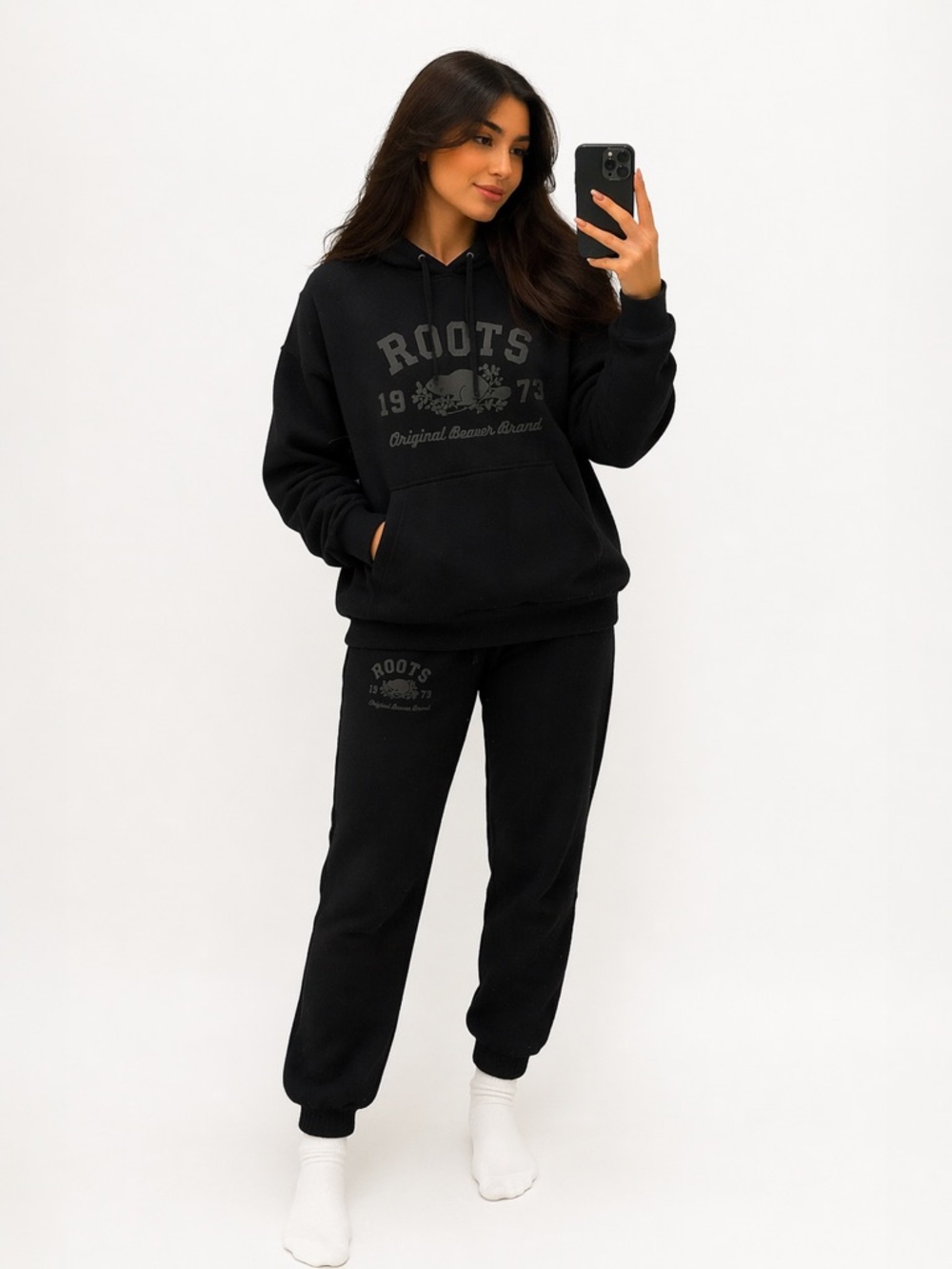 Roots Black Logo Hoodie Sweatshirt Sweatpants Joggers Size Large Medium